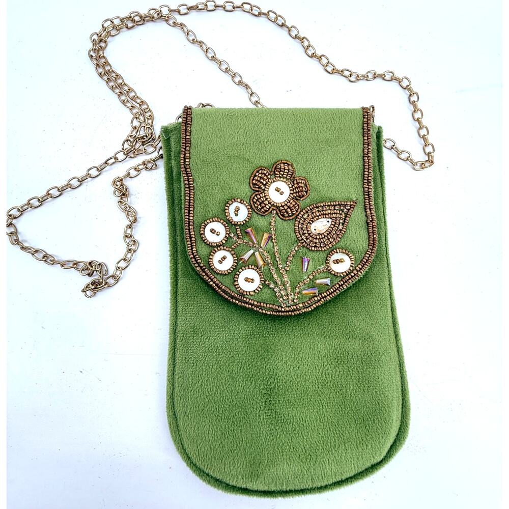 Vintage Beaded Velvet Evening Bag Green Floral Gold Chain Shoulder Purse Clutch